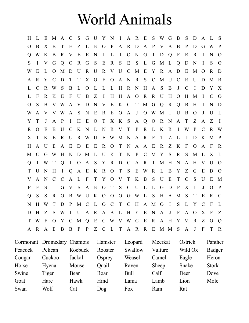 World Animals Word Search