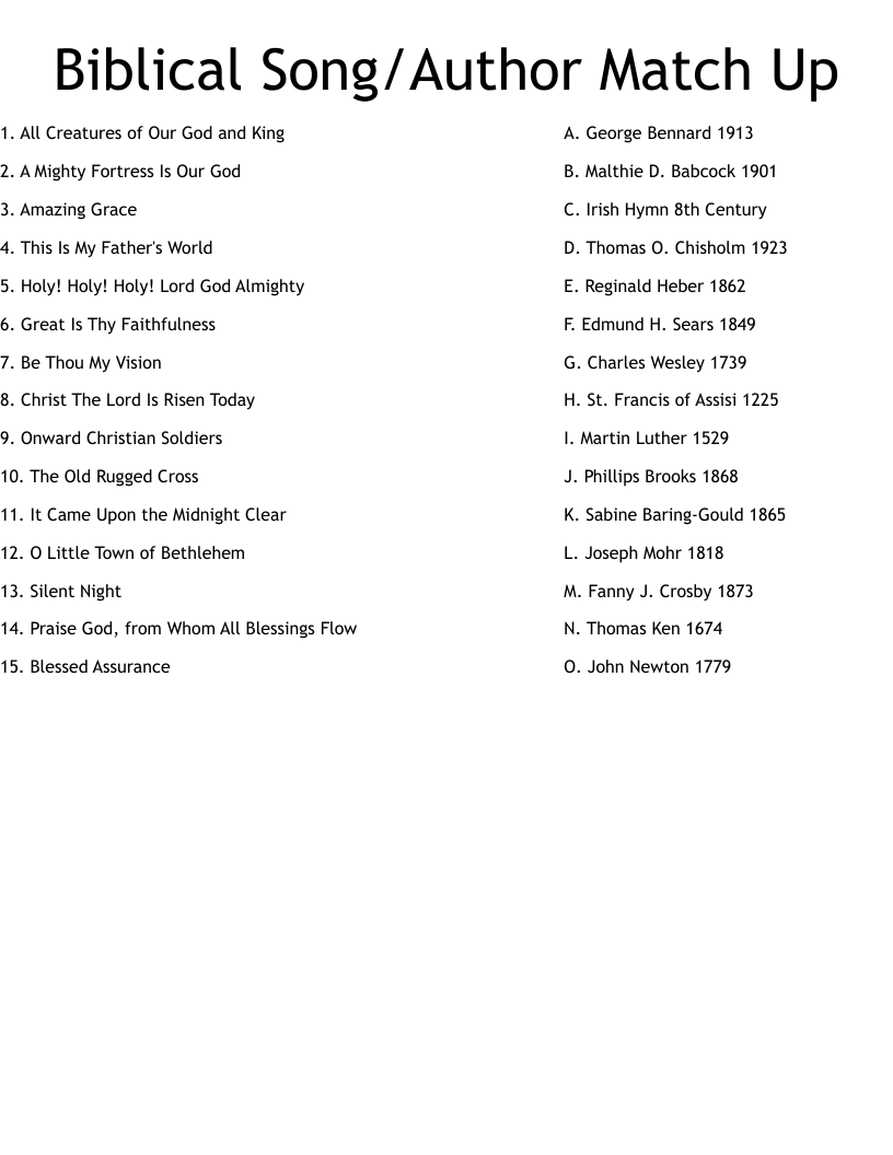 Biblical Song/Author  Match Up Worksheet