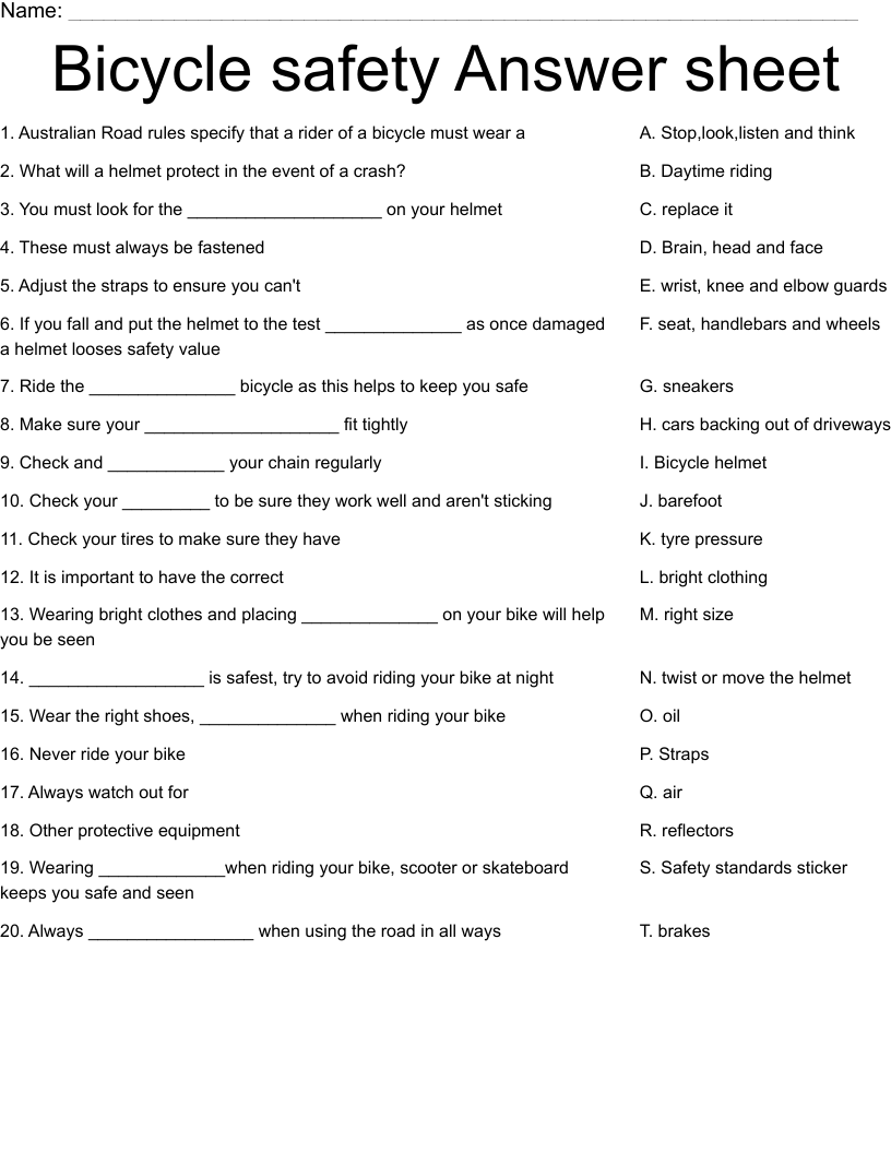 Bicycle safety Answer sheet Worksheet