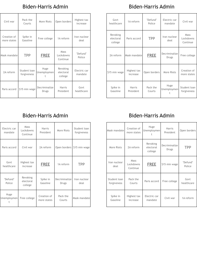 Biden-Harris Admin Bingo Cards