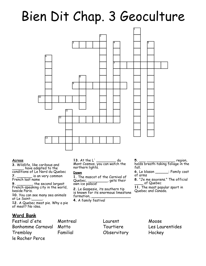 Bien Dit Chap. 3 Geoculture Crossword