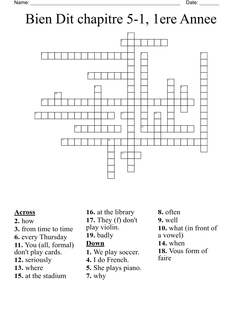 Bien Dit chapitre 5-1, 1ere Annee Crossword