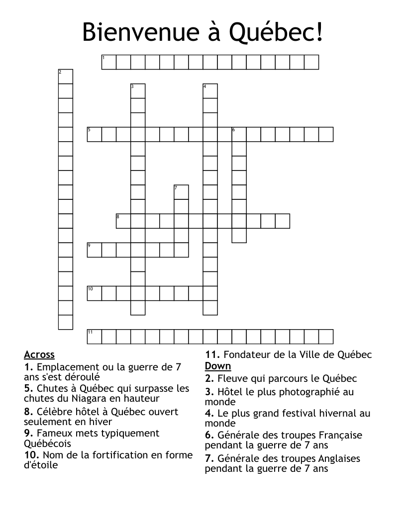 Bienvenue à Québec! Crossword