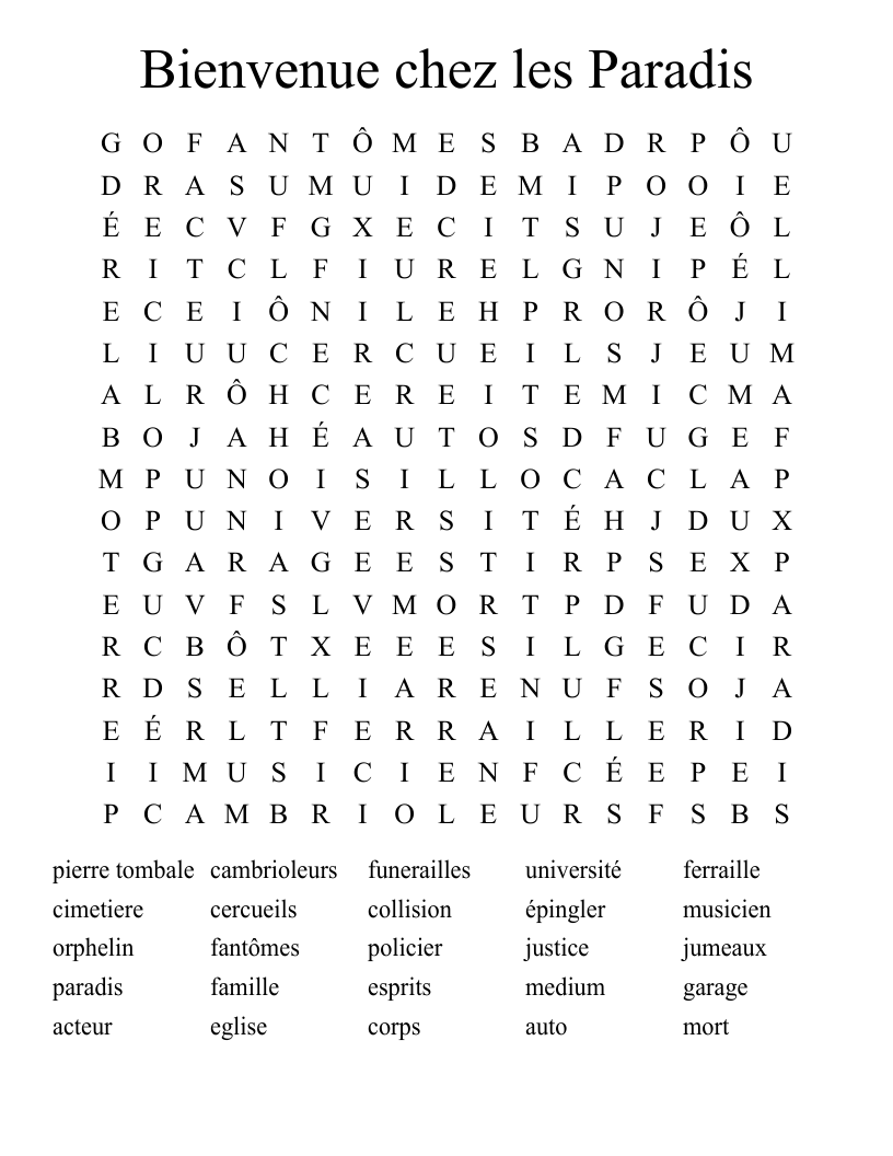 Bienvenue chez les Paradis  Word Search