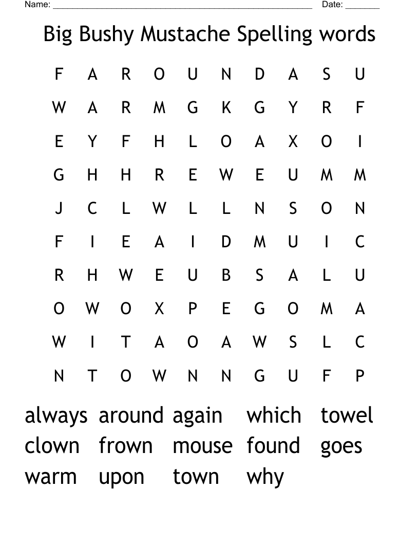 Big Bushy Mustache Spelling words Word Search