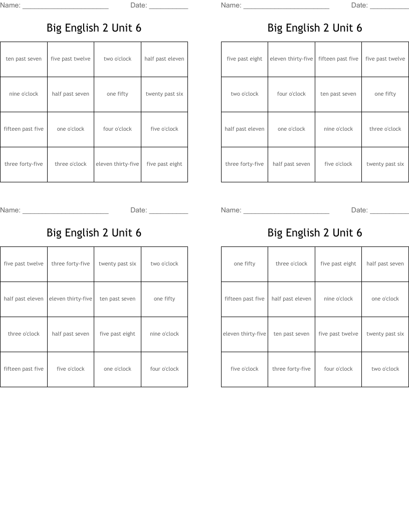 Big English 2 Unit 6 Bingo Cards