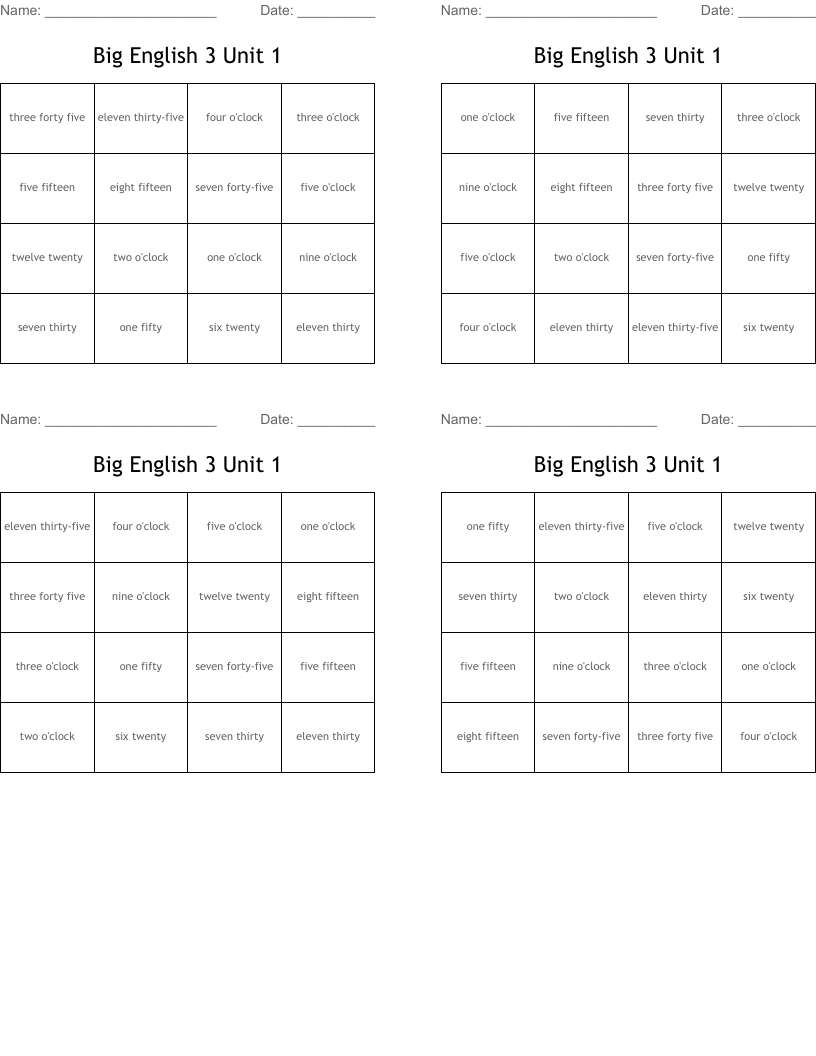 Big English 3 Unit 1 Bingo Cards