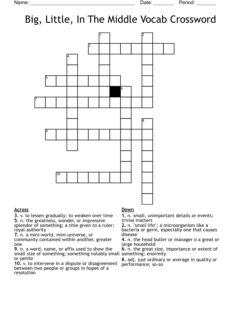 Big, Little, In The Middle Vocab Crossword