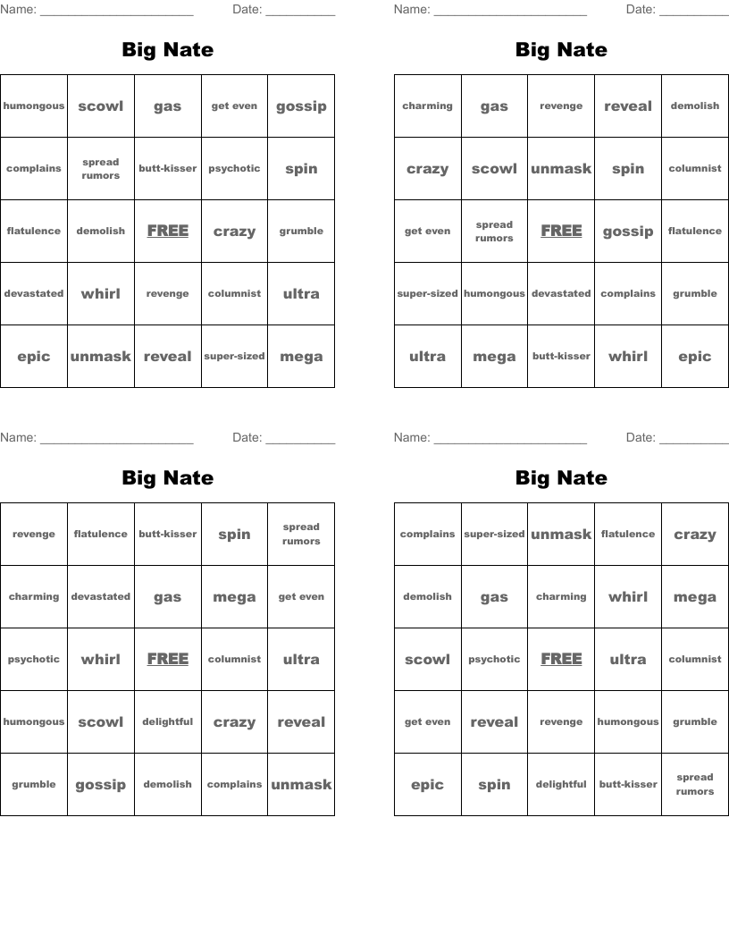 Big Nate Bingo Cards