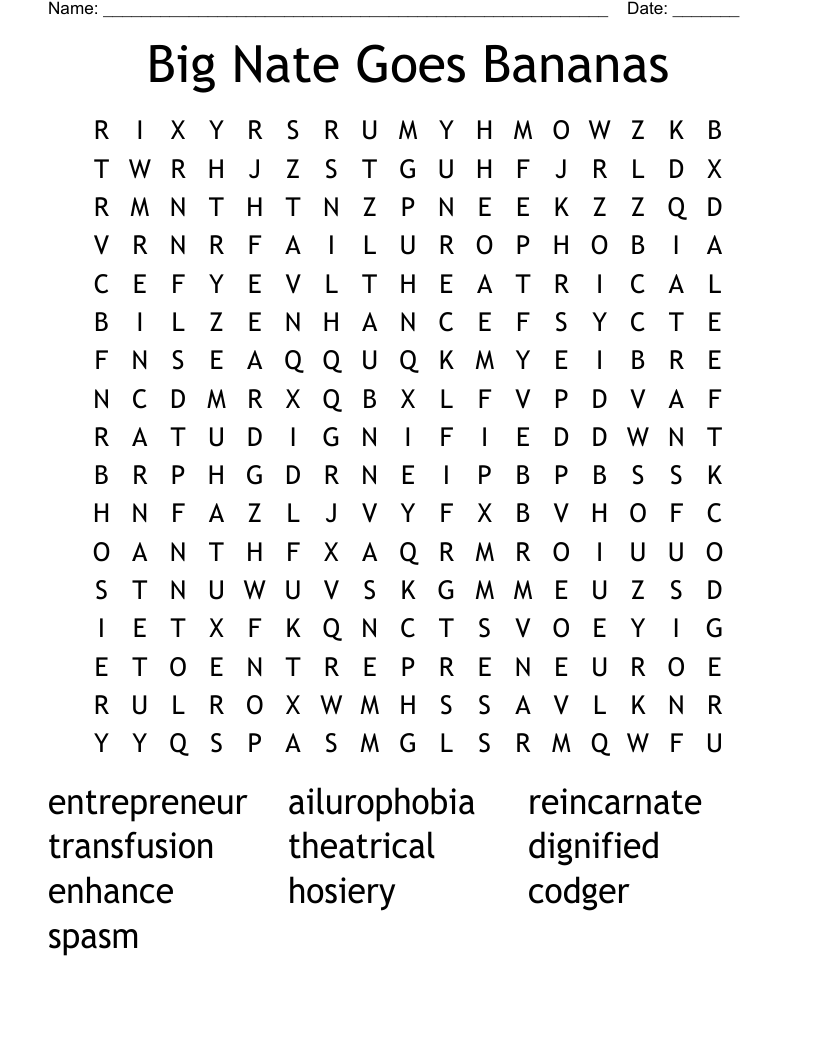 Big Nate Goes Bananas Word Search