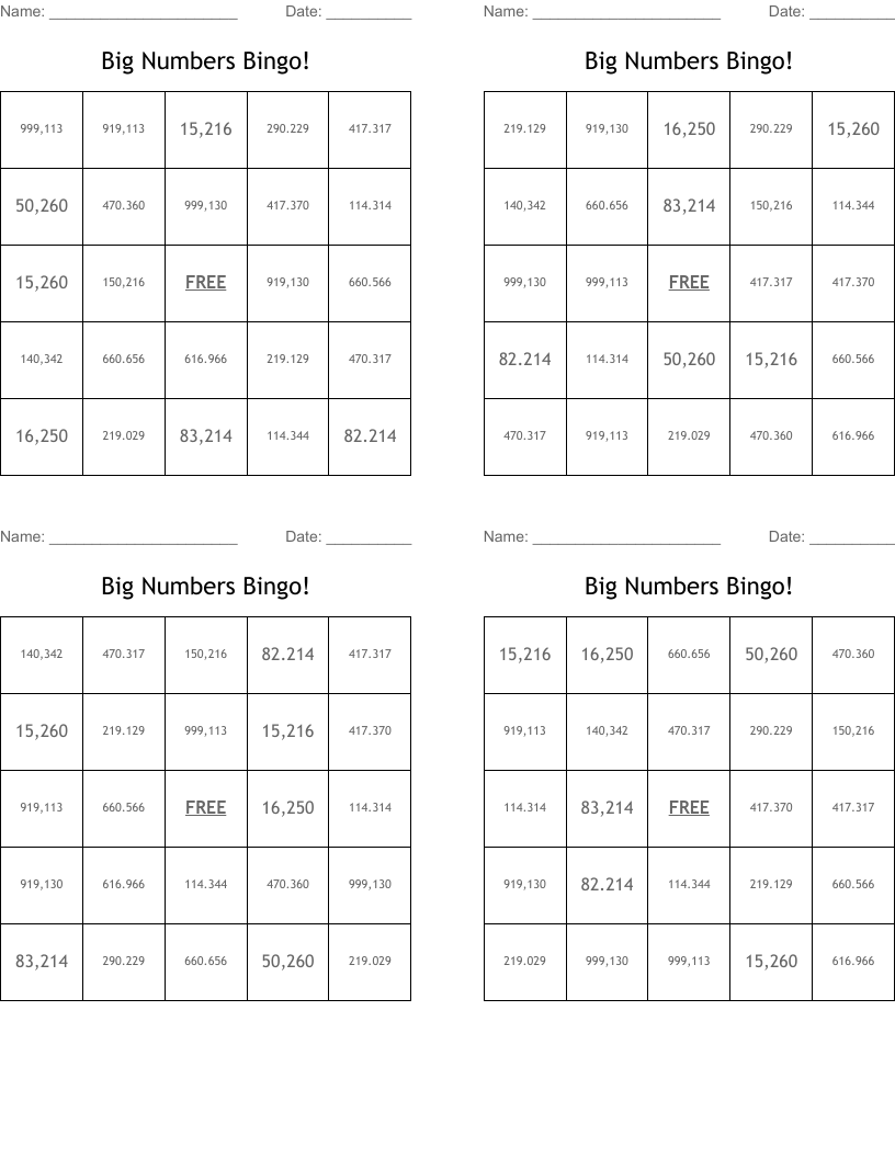 Big Numbers Bingo!