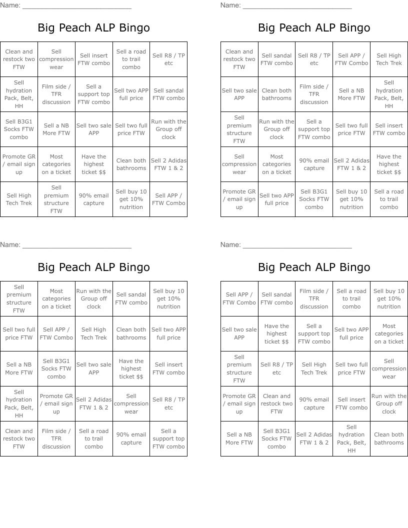 Big Peach ALP Bingo