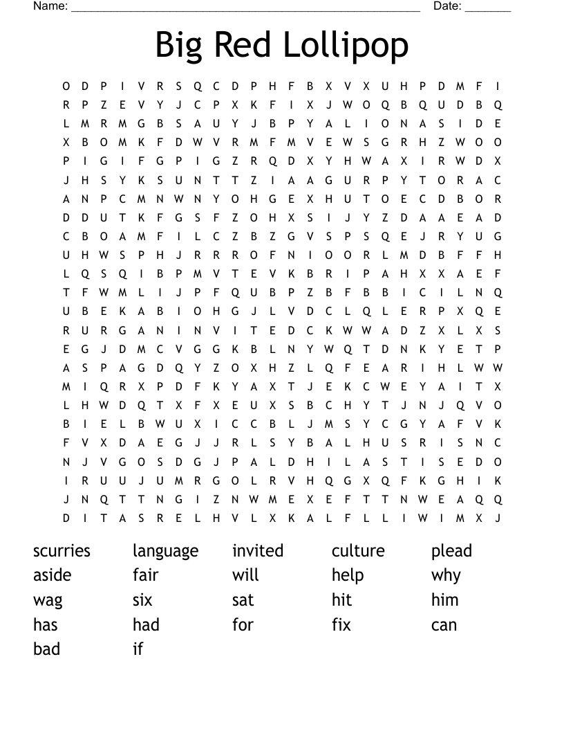Big Red Lollipop Word Search