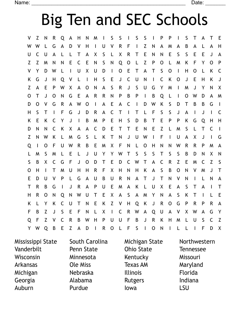 Big Ten and SEC Schools Word Search