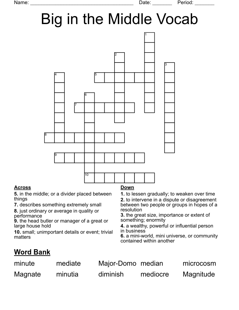 Big in the Middle Vocab Crossword