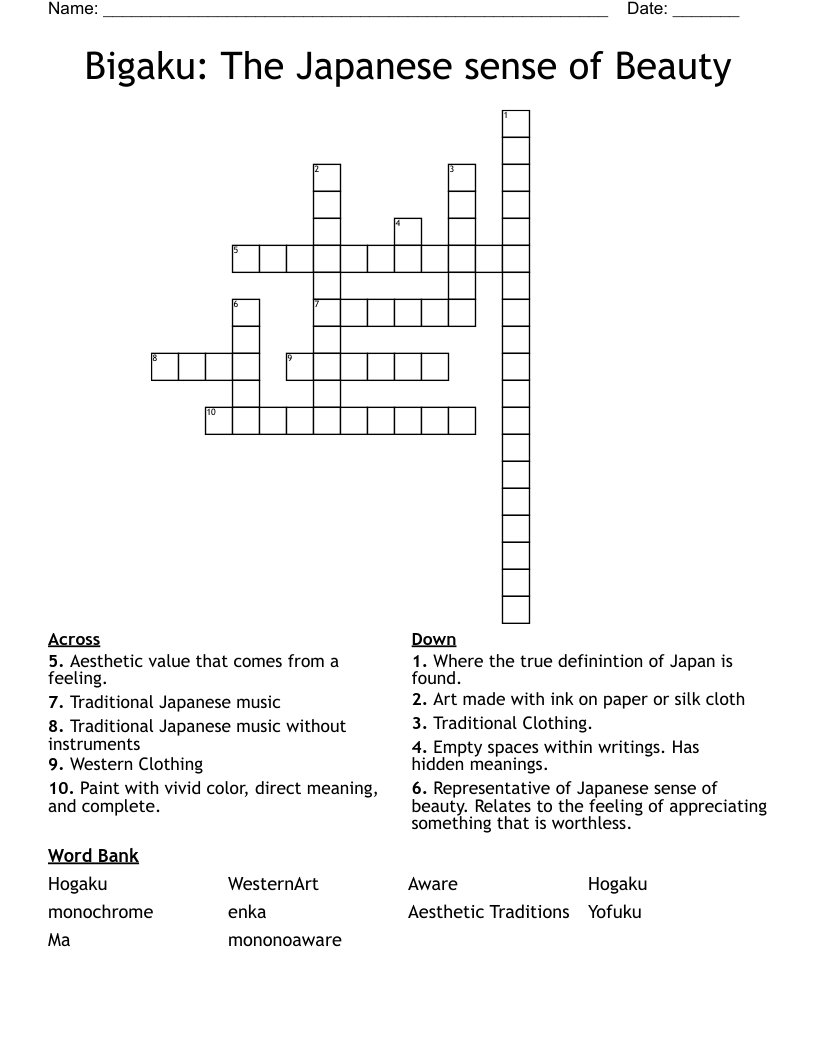 Bigaku: The Japanese sense of Beauty Crossword