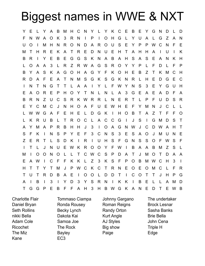 Biggest names in WWE & NXT Word Search
