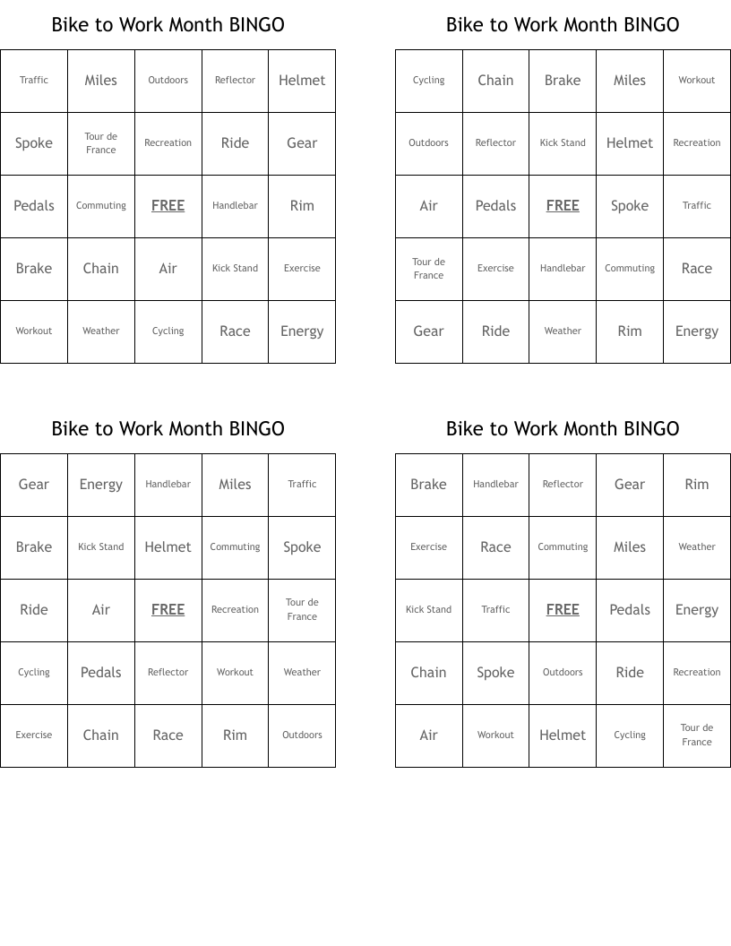 Bike to Work Month BINGO