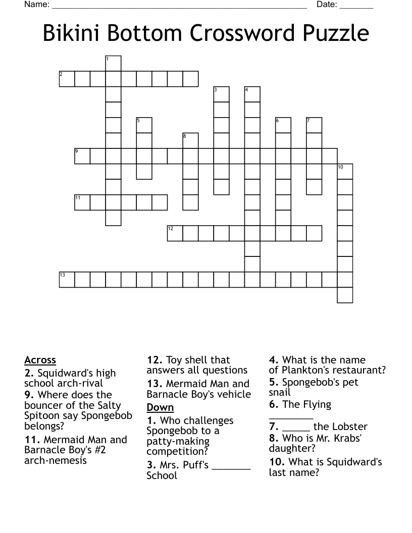 Bikini Bottom Crossword Puzzle