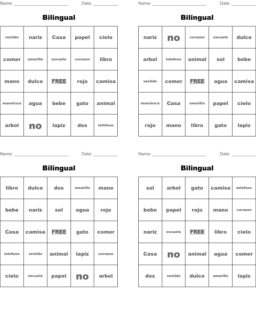 Bilingual Bingo Cards