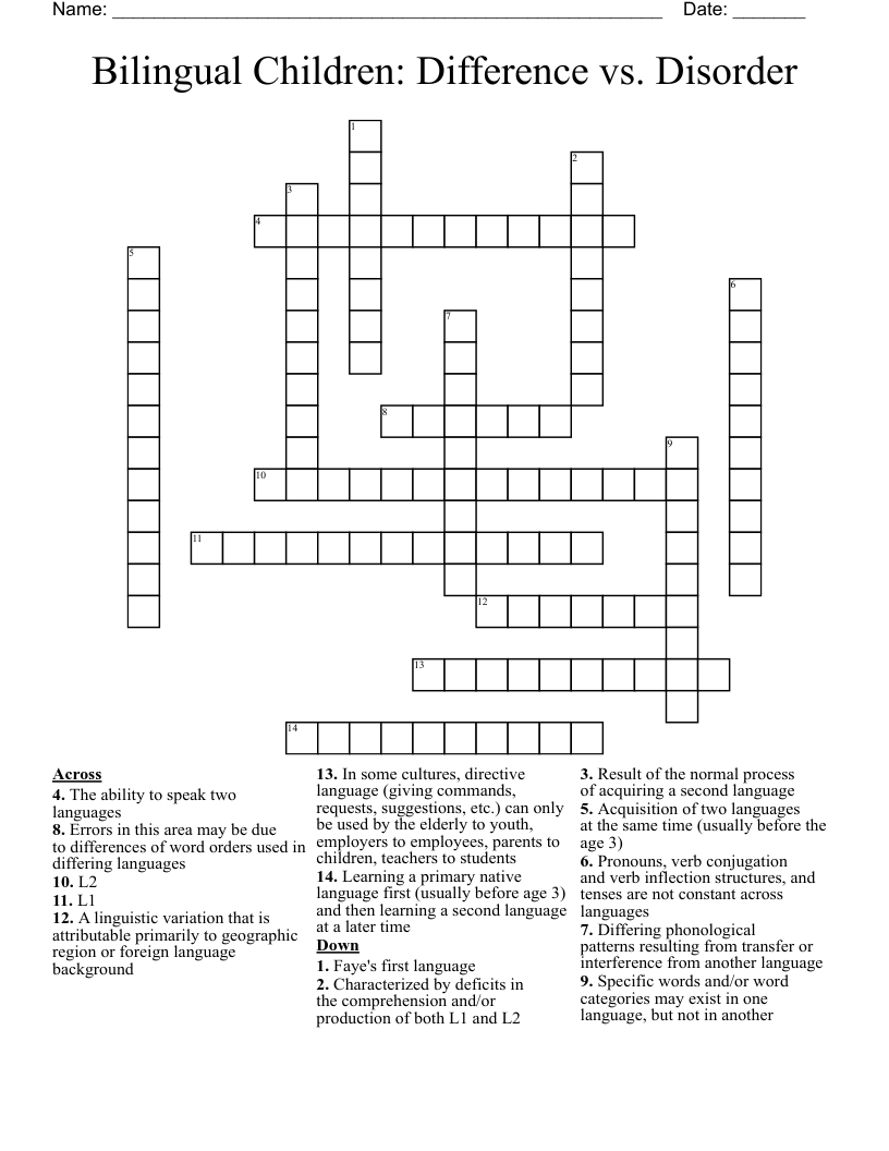 Bilingual Children: Difference vs. Disorder Crossword