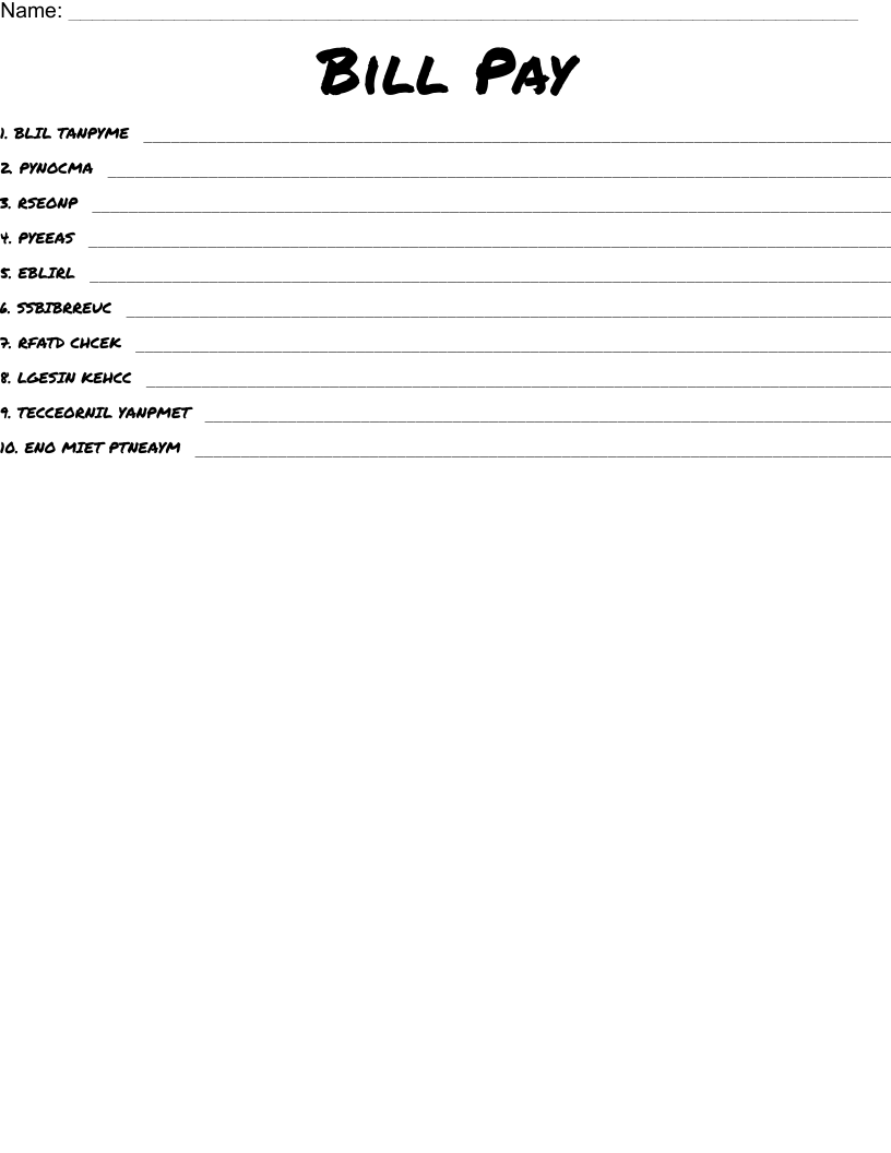 Bill Pay Word Scramble
