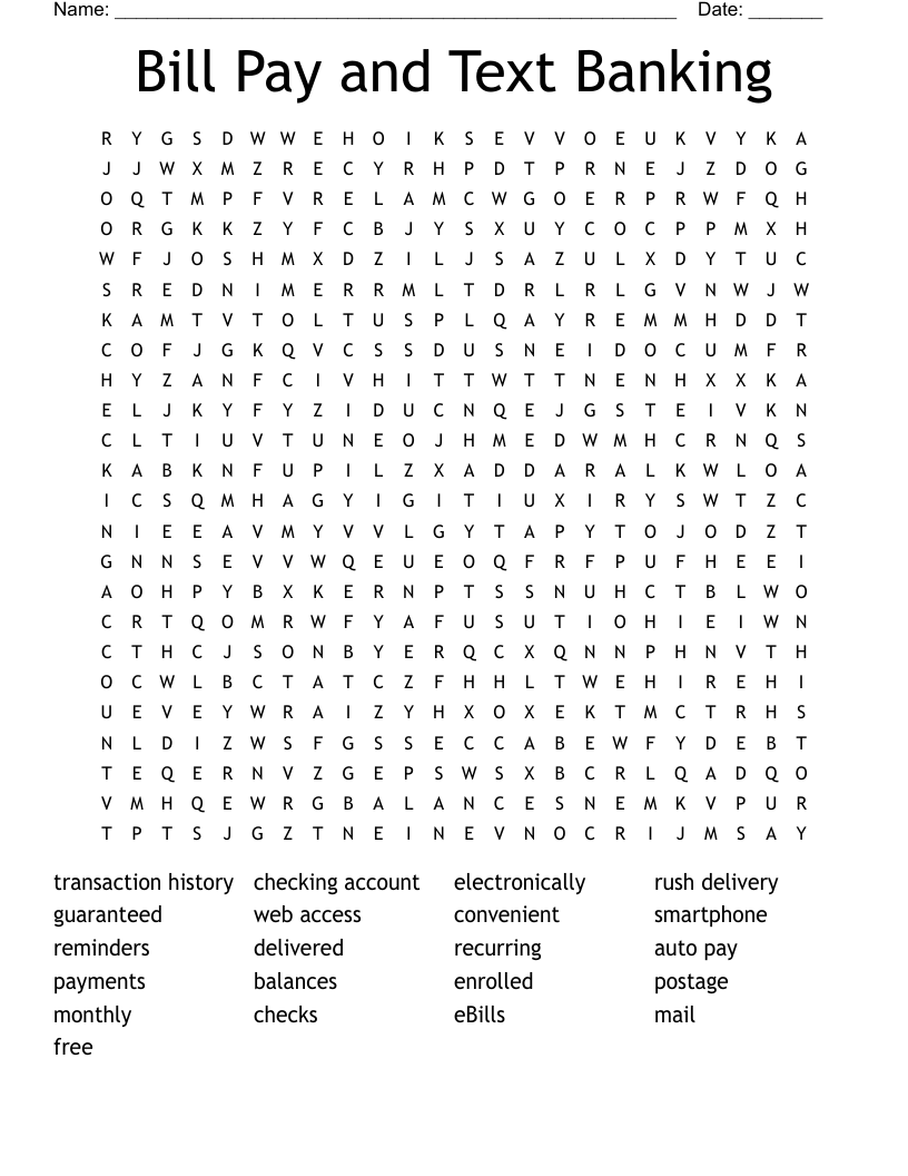Bill Pay and Text Banking Word Search