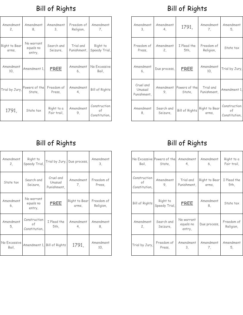 Bill of Rights Bingo Cards