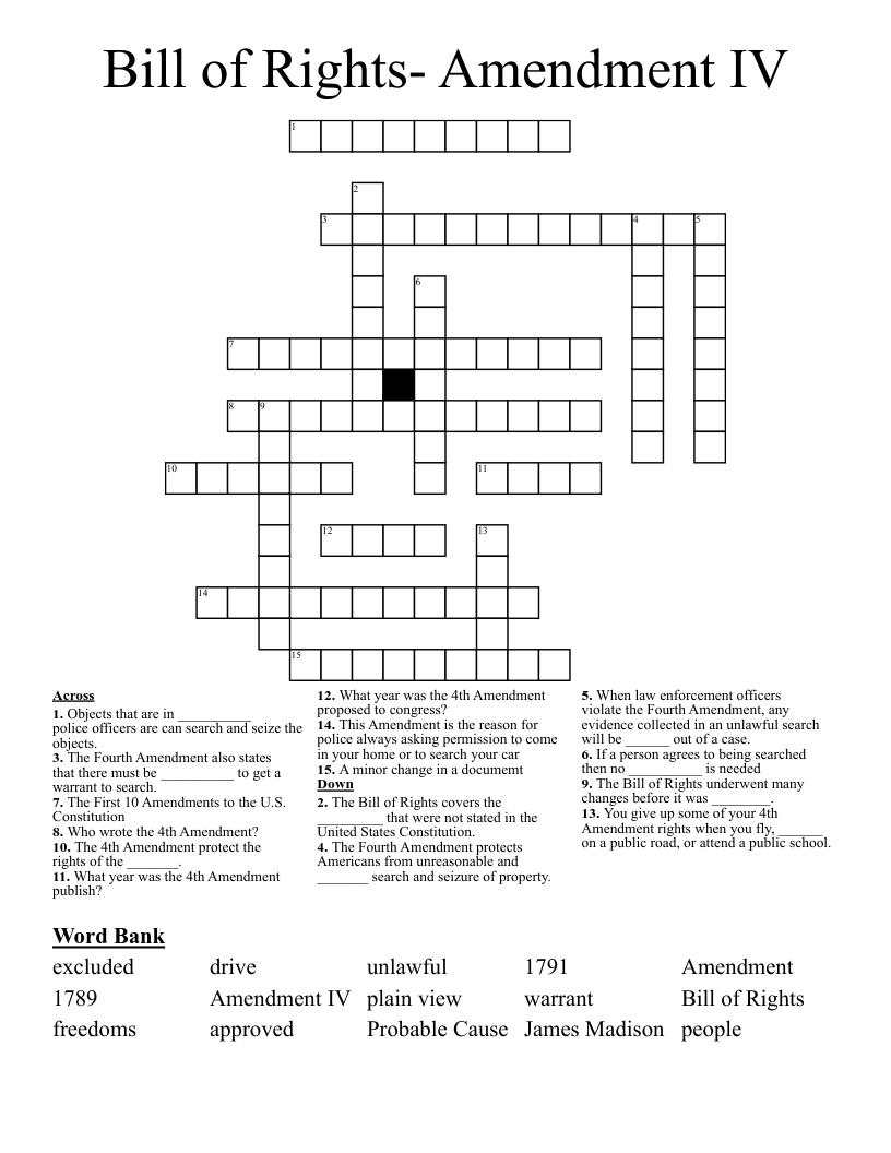 Bill of Rights- Amendment IV Crossword