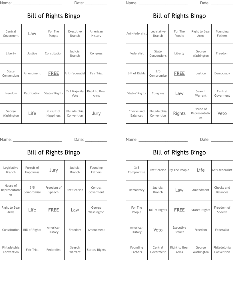 Bill of Rights Bingo