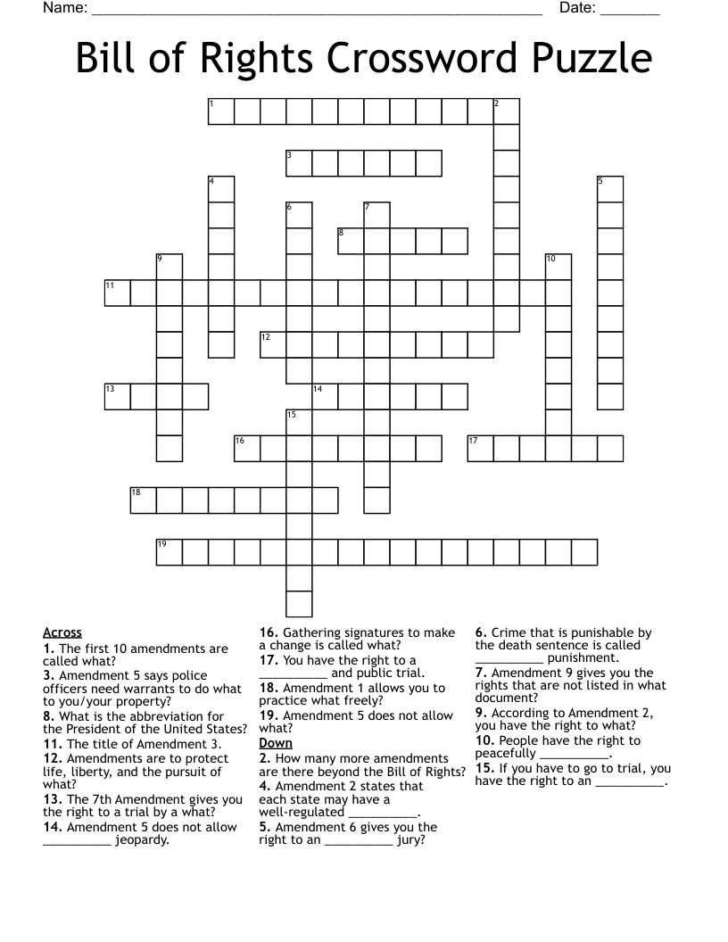 Bill of Rights Crossword Puzzle