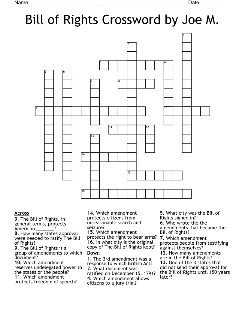 Bill of Rights Crossword by Joe M.