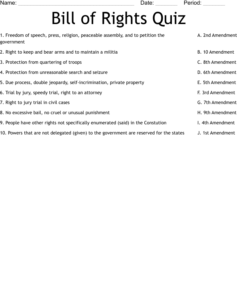 Bill of Rights Quiz Worksheet