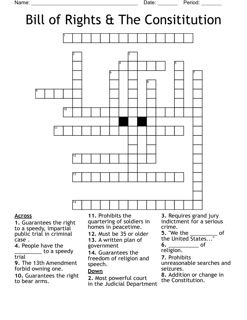 Bill of Rights & The Consititution Crossword
