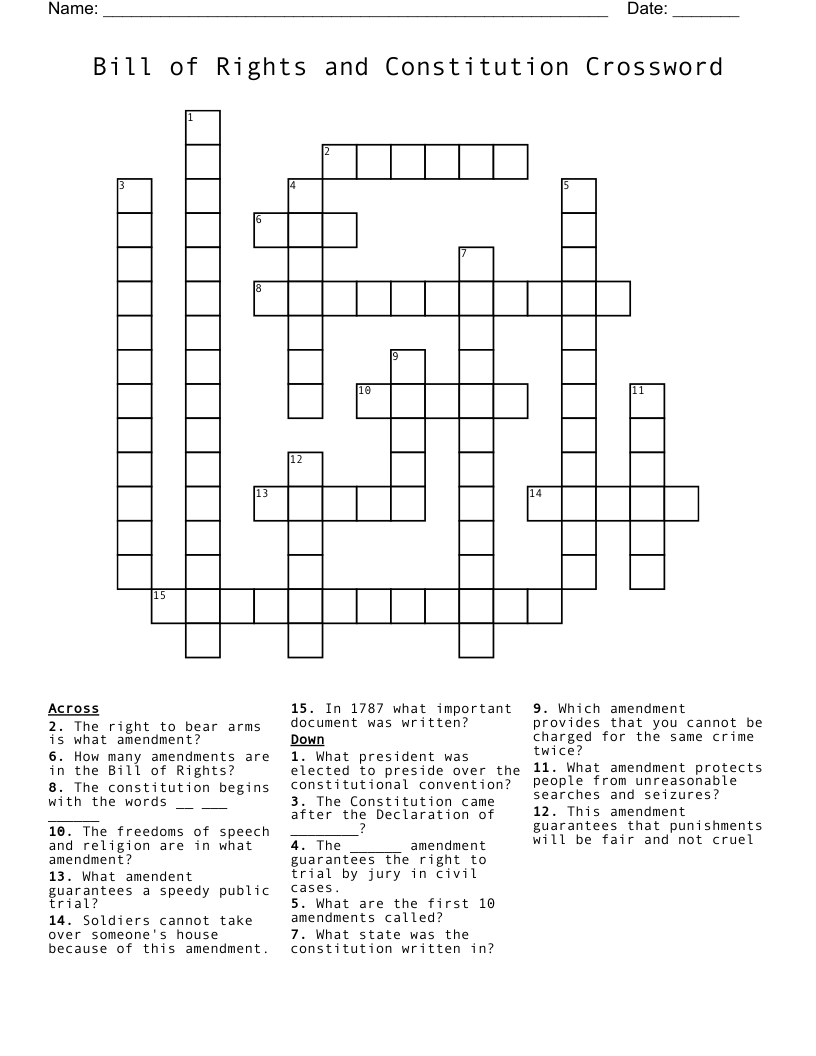 Bill of Rights  and Constitution Crossword