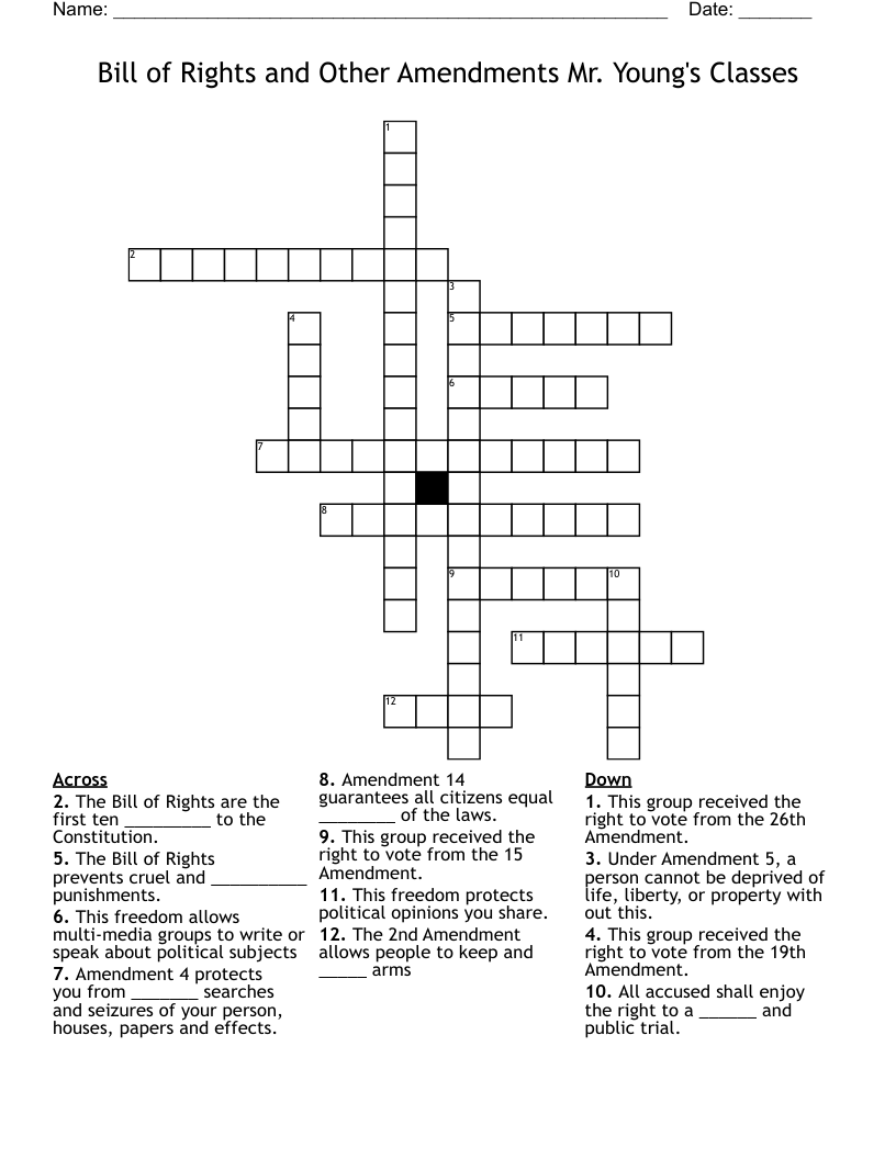 Bill of Rights  and Other Amendments Mr. Young's Classes Crossword
