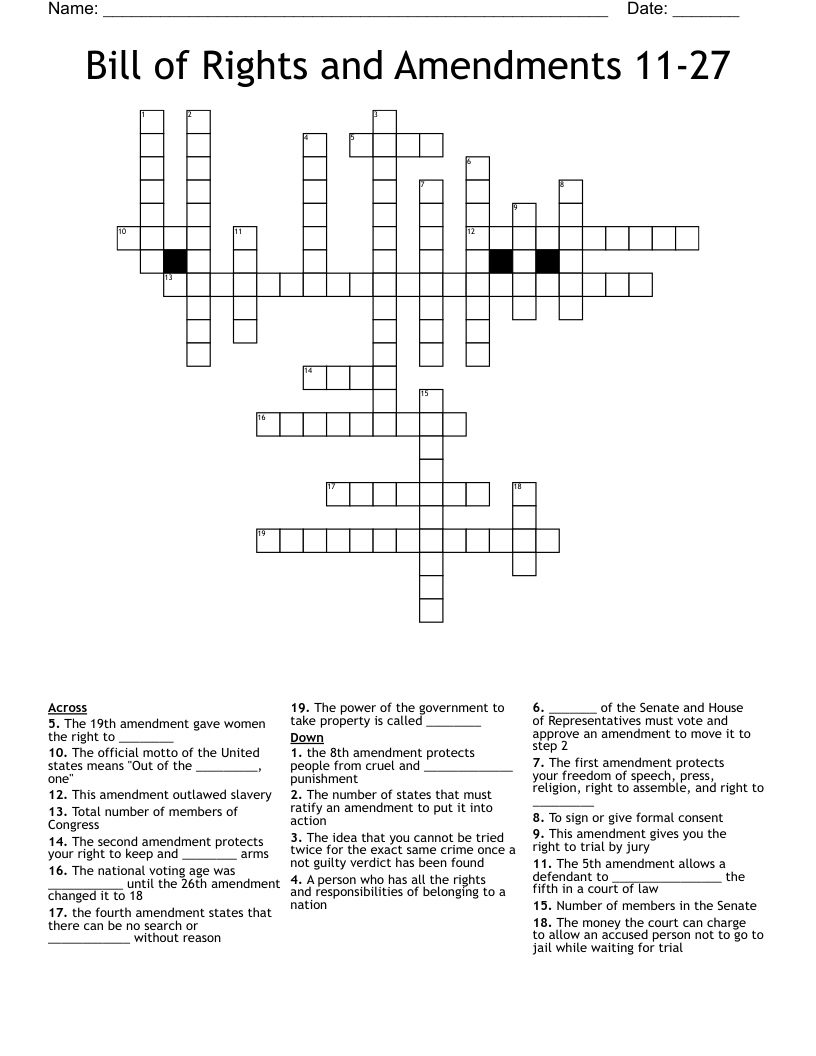 Bill of Rights and Amendments 11-27 Crossword