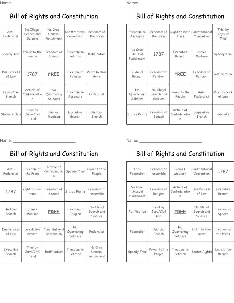Bill of Rights and Constitution Bingo Cards