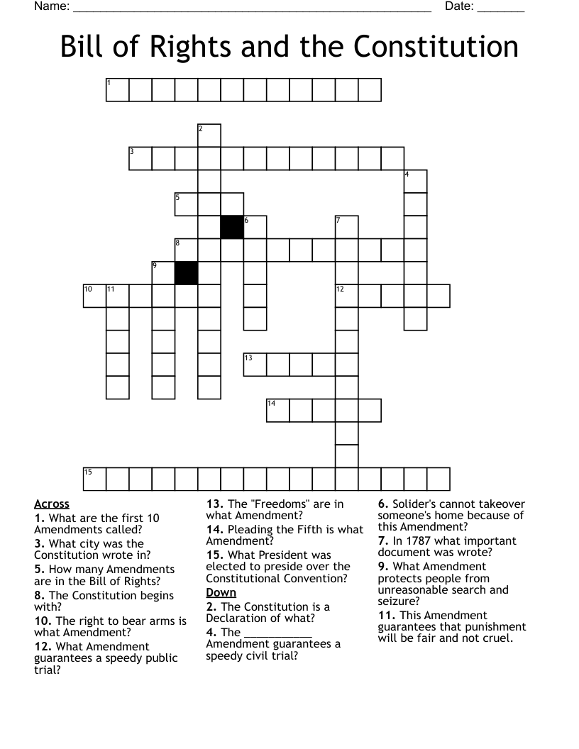 Bill of Rights and the Constitution Crossword