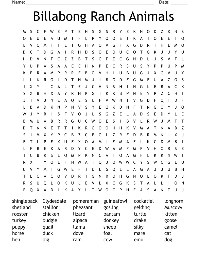 Billabong Ranch Animals Word Search