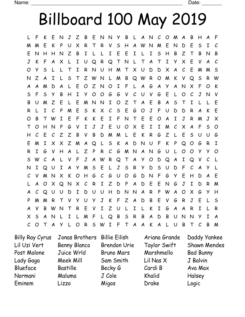 Billboard 100 May 2019 Word Search