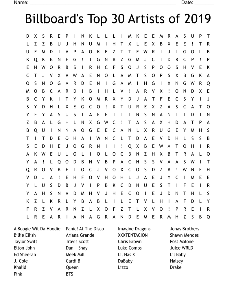 Billboard's Top 30 Artists of 2019 Word Search