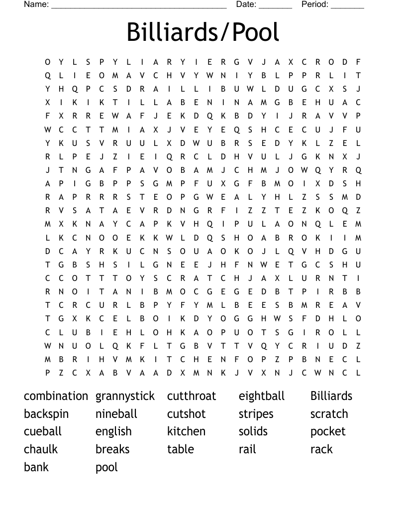 Billiards/Pool Word Search