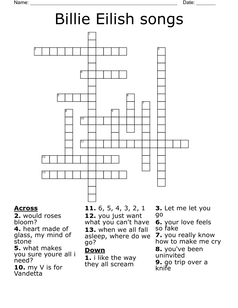 Billie Eilish songs Crossword