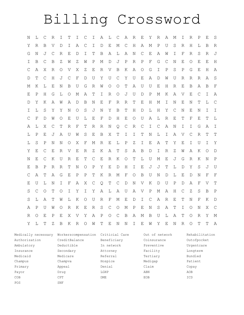 Billing Crossword Word Search