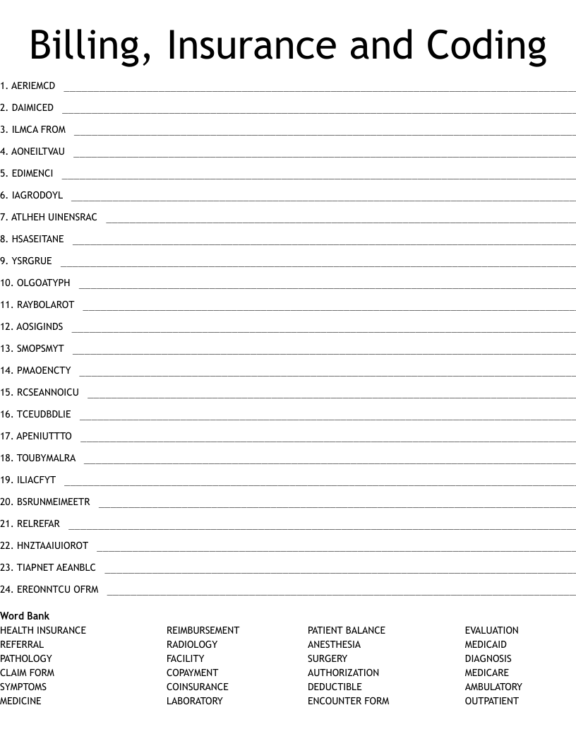 Billing, Insurance and Coding Word Scramble