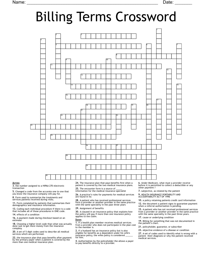Billing Terms Crossword