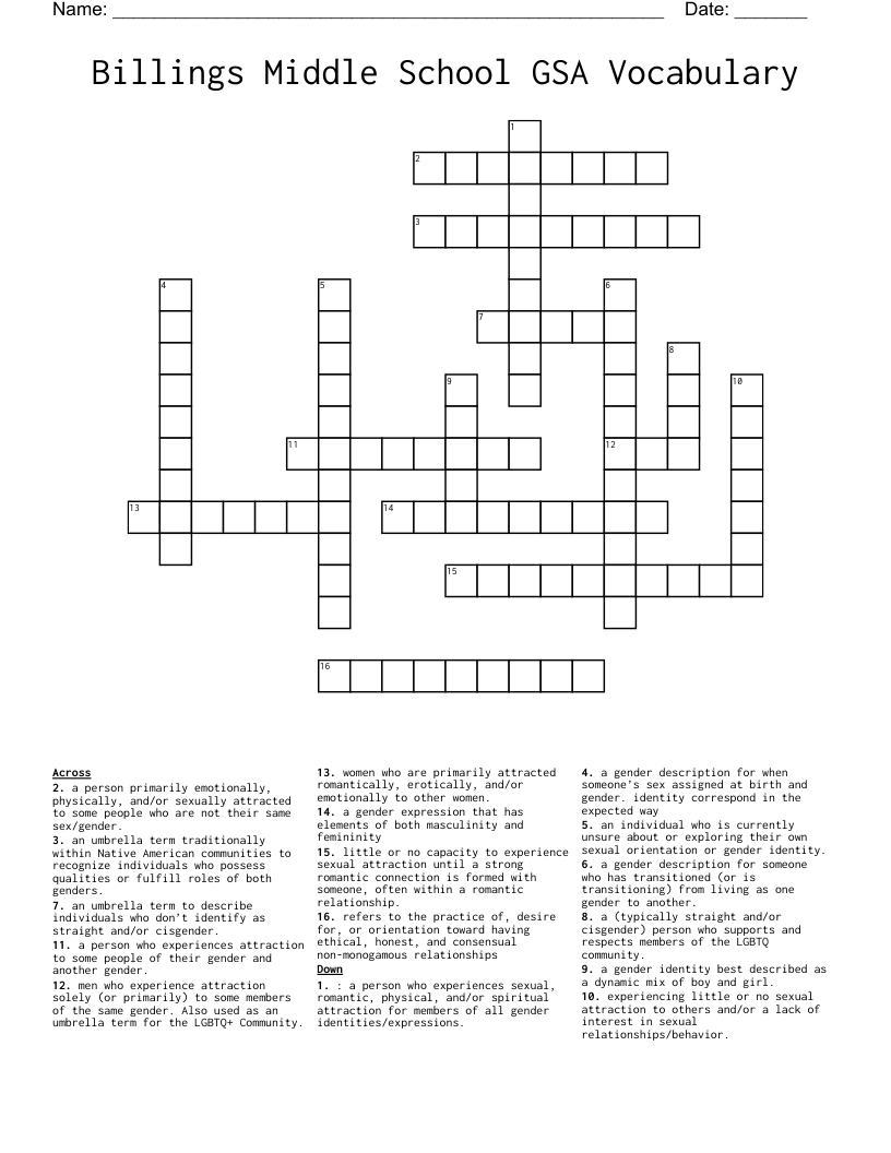 Billings Middle School GSA Vocabulary Crossword