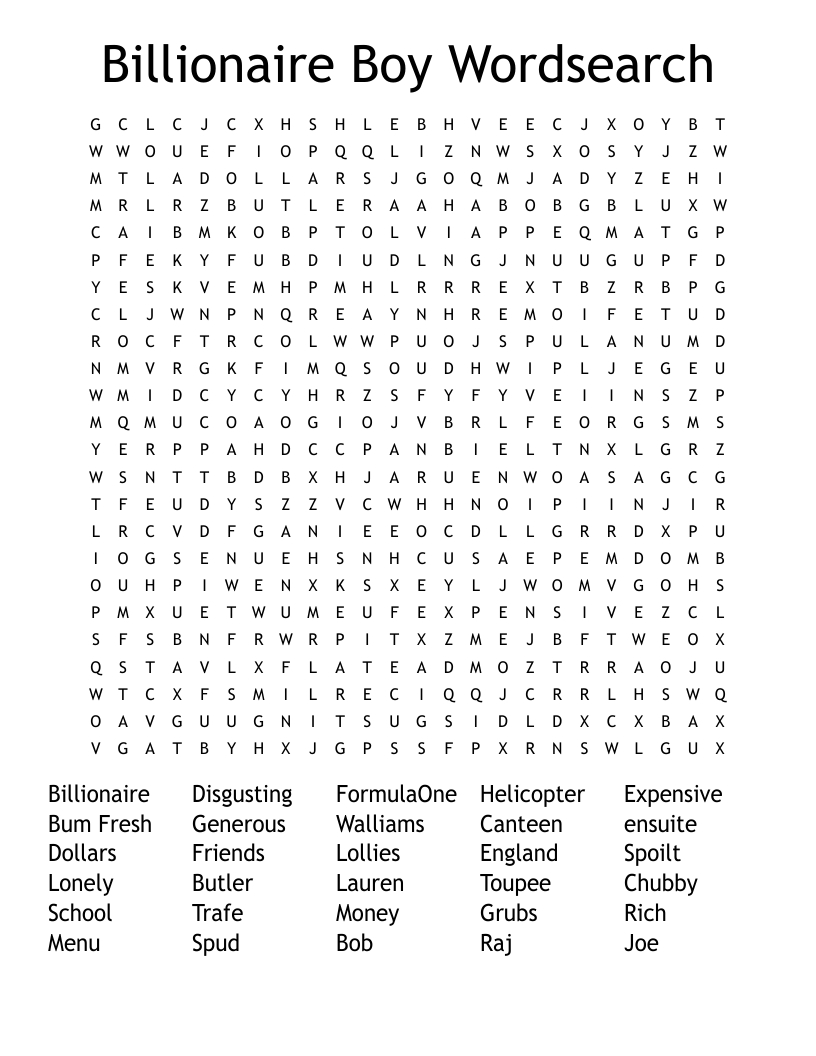 Billionaire Boy Wordsearch