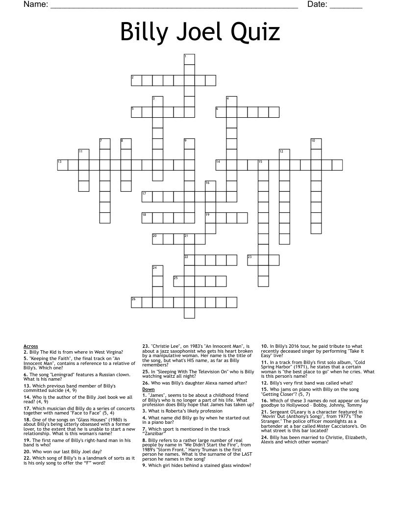 Billy Joel Quiz Crossword